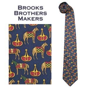 Brooks Brothers Makers Silk Tie Navy Tan Red Handmade Equestrian Horses 80s VTG